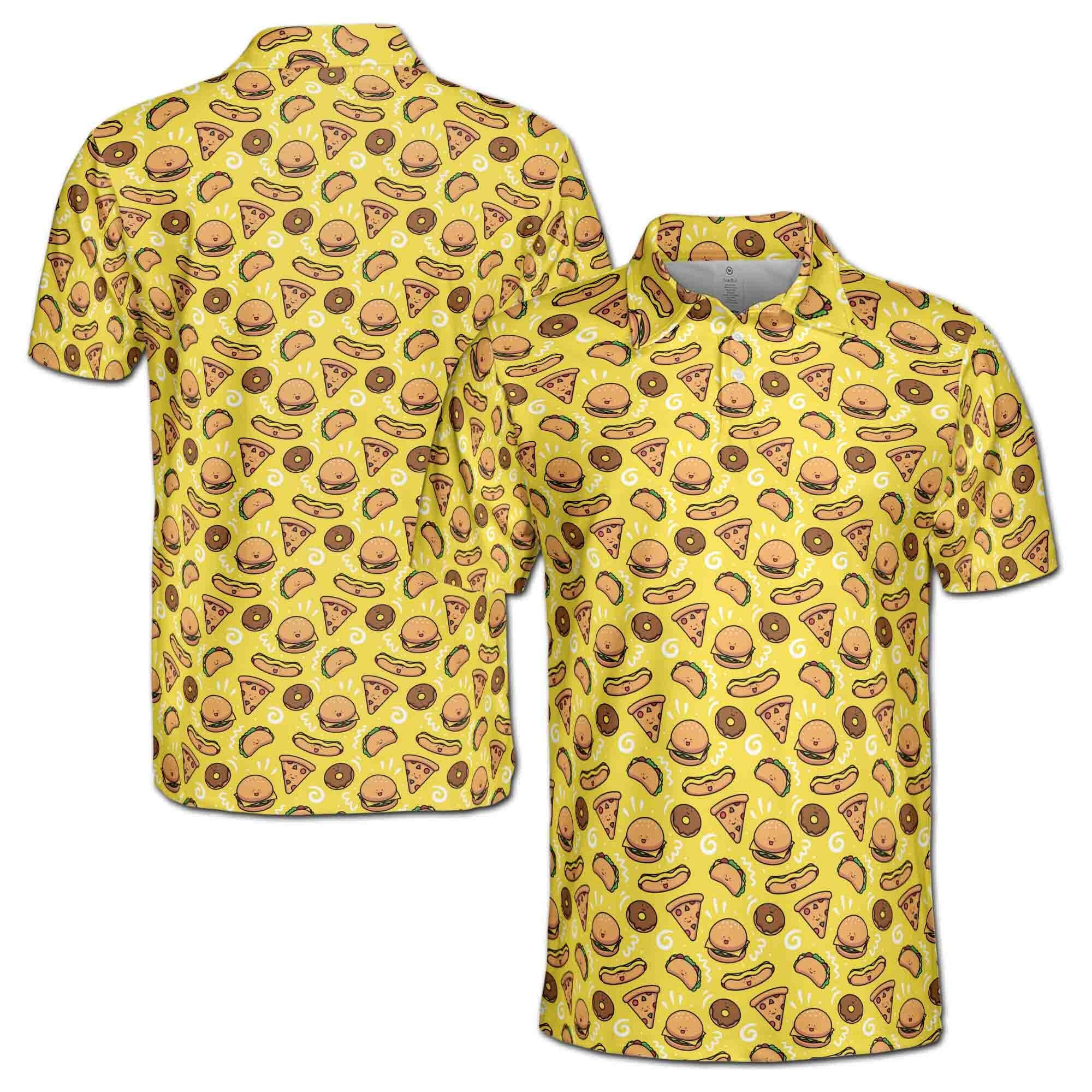 Personalized Men's Golf Shirt Polo - Funny Yellow Pizza Burger Donut Hotdog Doodle Foods Lover Golf