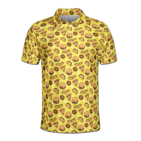 Personalized Men's Golf Shirt Polo - Funny Yellow Pizza Burger Donut Hotdog Doodle Foods Lover Golf