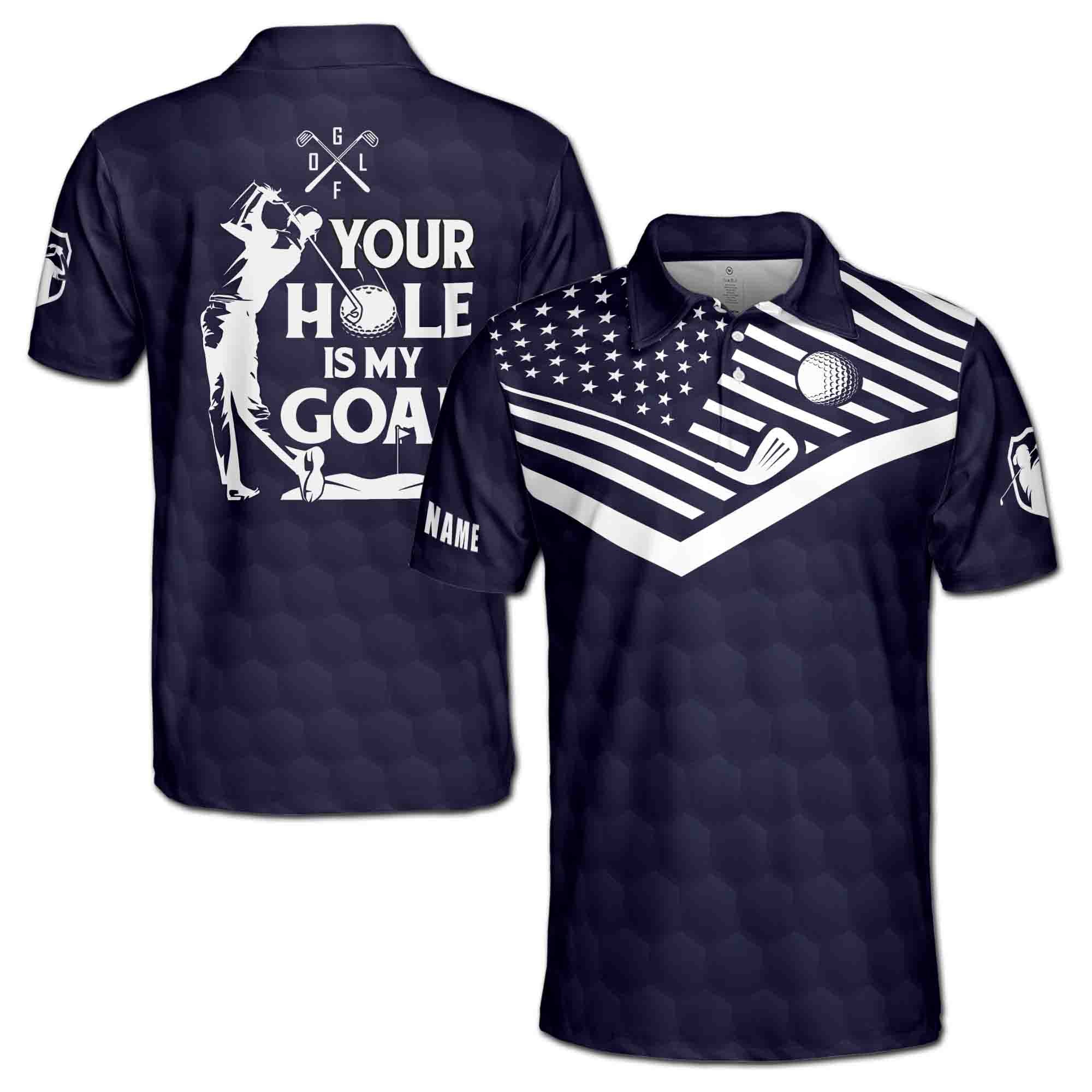 Personalized Men's Golf Shirt Polo - Your Hole Is My Goal America Flag Pattern Golfer