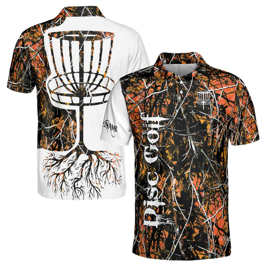 Personalized Men's Golf Shirt Polo - Dark Orange Jungle Deep Heart Disc Golf