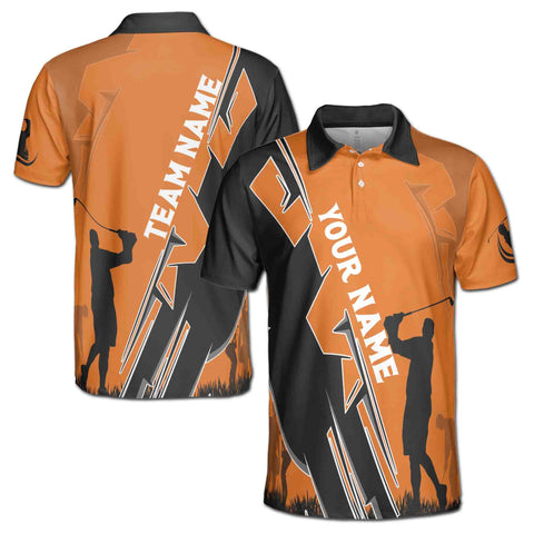 Personalized Men's Golf Shirt Polo - Team Black Orange Golfer Silhouette