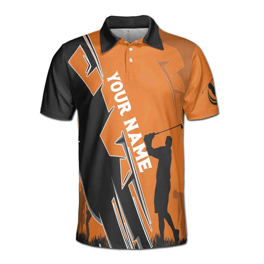 Personalized Men's Golf Shirt Polo - Team Black Orange Golfer Silhouette