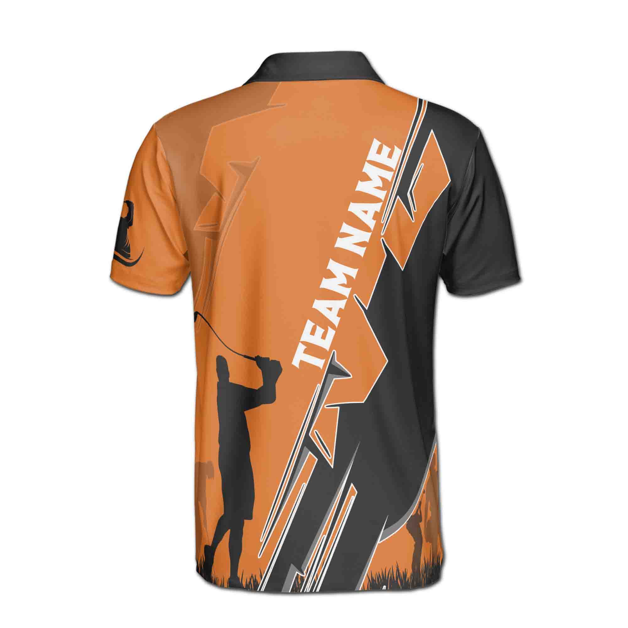Personalized Men's Golf Shirt Polo - Team Black Orange Golfer Silhouette