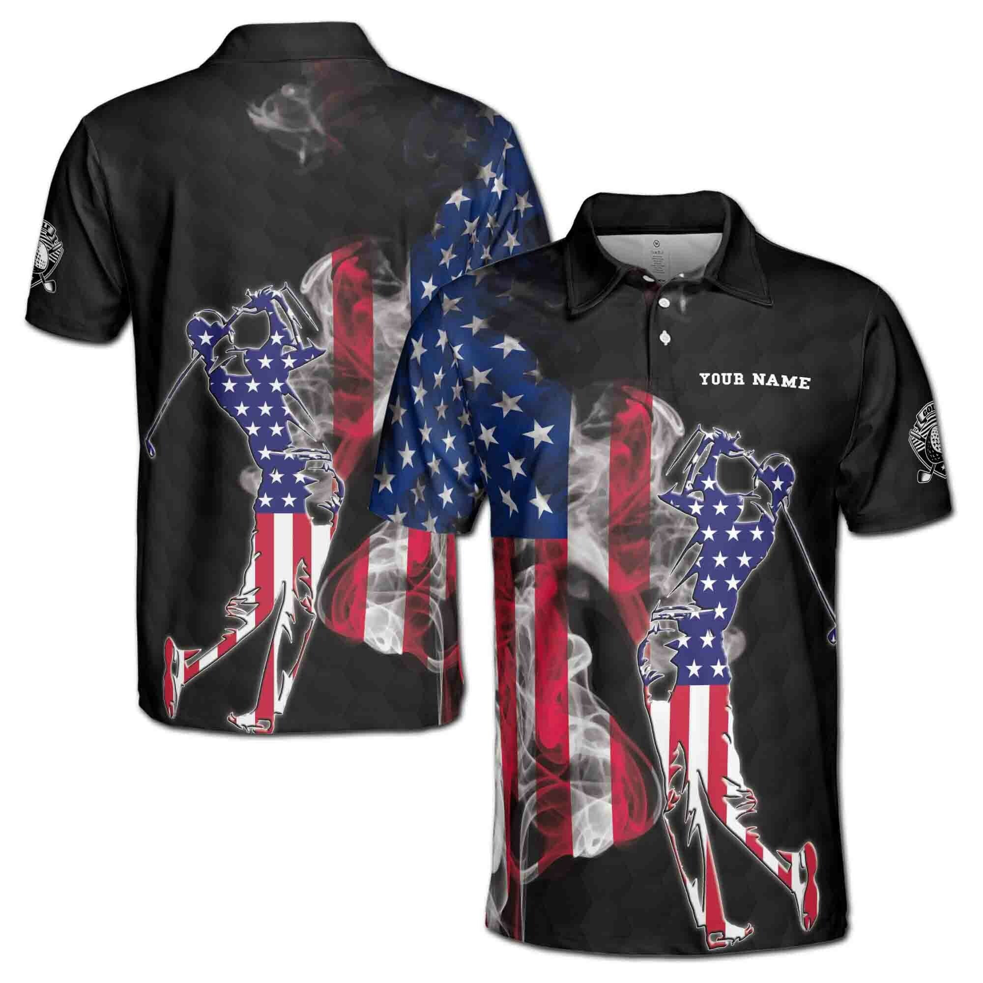Personalized Men's Golf Shirt Polo - American Smoke Flag Golfer Silhouette