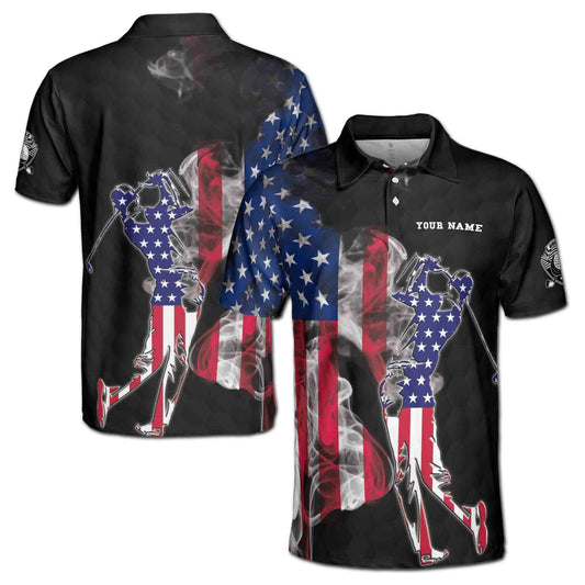 Personalized Men's Golf Shirt Polo - American Smoke Flag Golfer Silhouette