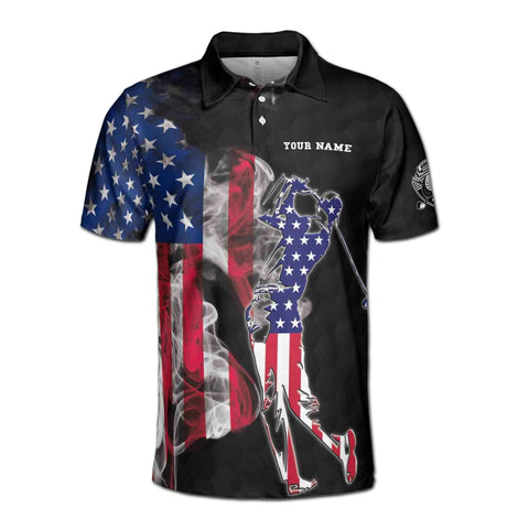 Personalized Men's Golf Shirt Polo - American Smoke Flag Golfer Silhouette