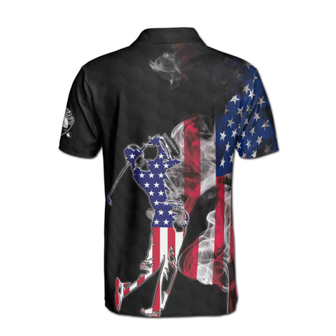 Personalized Men's Golf Shirt Polo - American Smoke Flag Golfer Silhouette