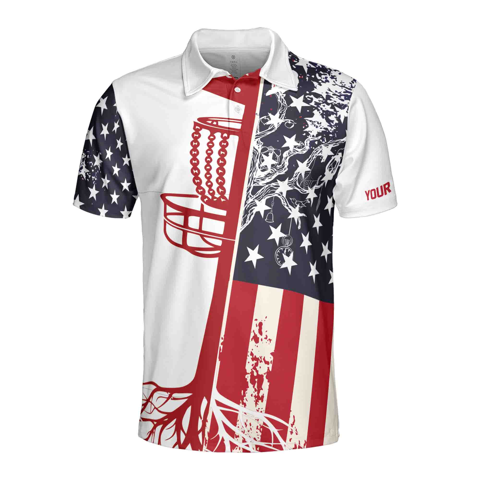 Personalized Men's Golf Shirt Polo - Funny American Flag Discs Golf Blue Patriotic