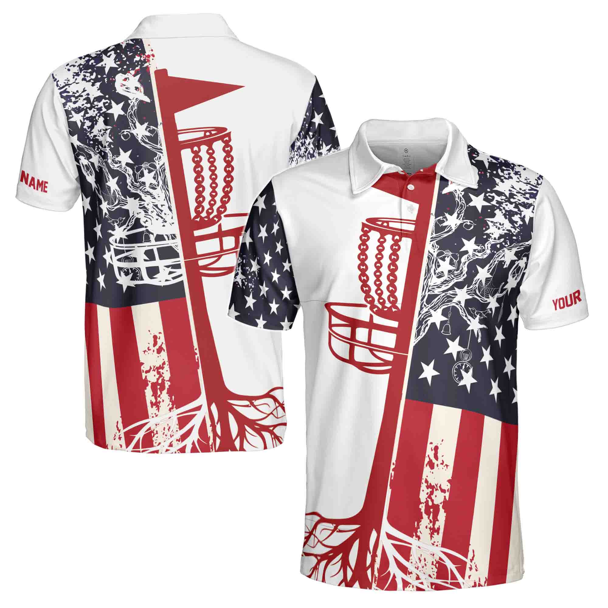 Personalized Men's Golf Shirt Polo - Funny American Flag Discs Golf Blue Patriotic