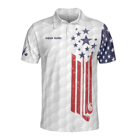Personalized Men's Golf Shirt Polo - American Retro Flag Golfer Silhouette