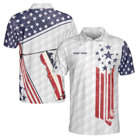 Personalized Men's Golf Shirt Polo - American Retro Flag Golfer Silhouette
