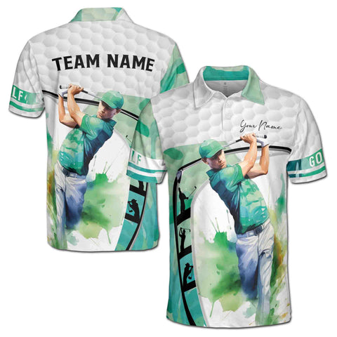 Personalized Men's Golf Shirt Polo - Green Watercolor Man Golfer Team