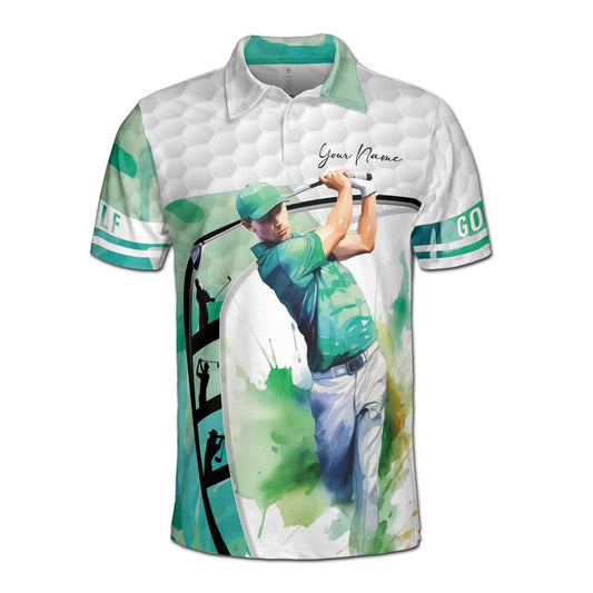 Personalized Men's Golf Shirt Polo - Green Watercolor Man Golfer Team