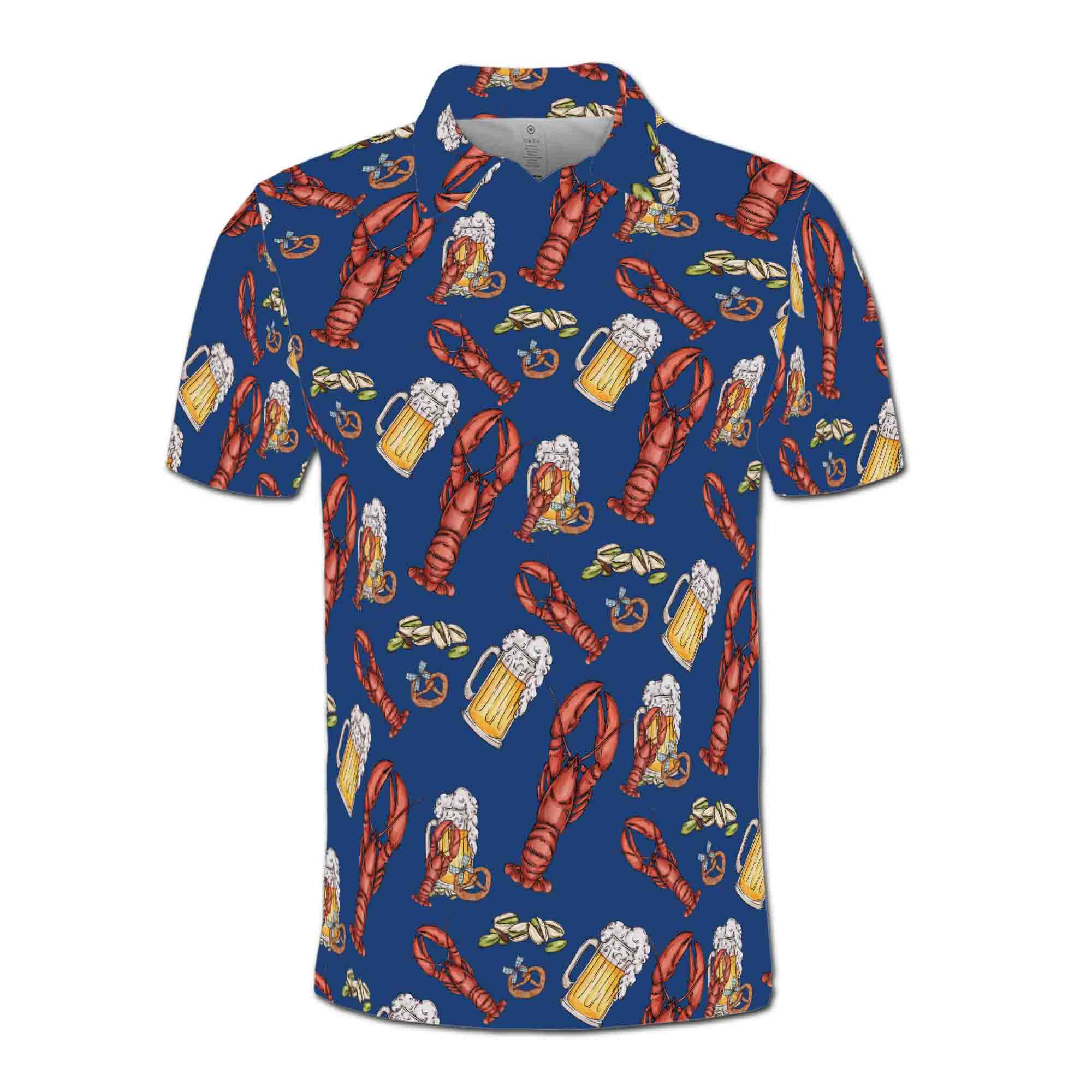 Personalized Men's Golf Shirt Polo - Funny Blue Navy Beer Lobster And Pistachio Golf