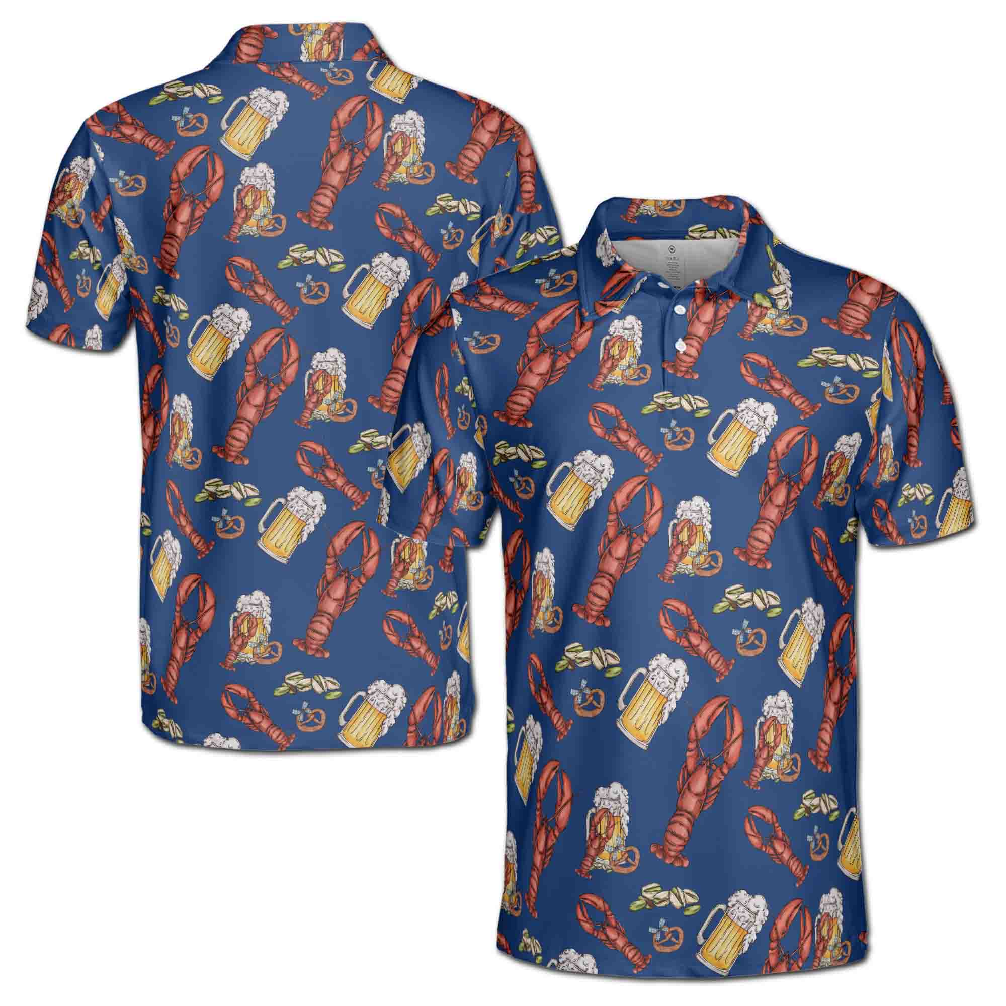 Personalized Men's Golf Shirt Polo - Funny Blue Navy Beer Lobster And Pistachio Golf