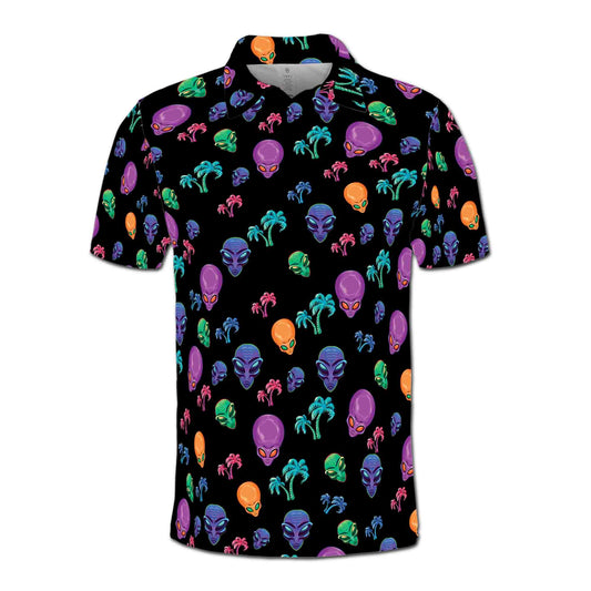 Personalized Men's Golf Shirt Polo - Funny Neon Alien And Palm Tree Tropical Golf