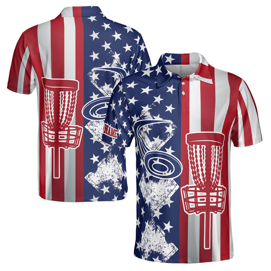 Personalized Men's Golf Shirt Polo - America Flag Pattern Play Disc Golf