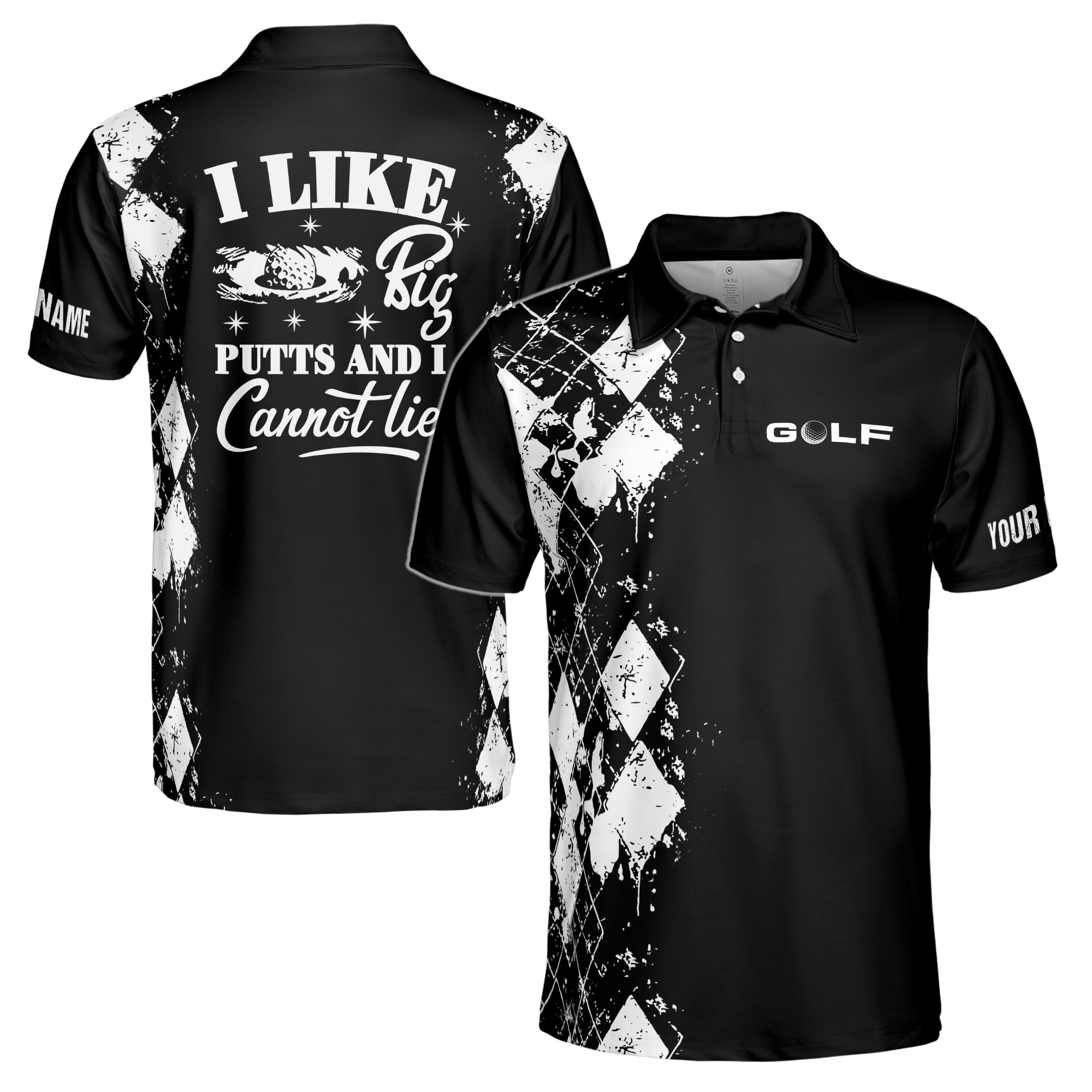 Personalized Men's Golf Shirt Polo - Golf I Like Big Putts Cannot Lie Black Argyle