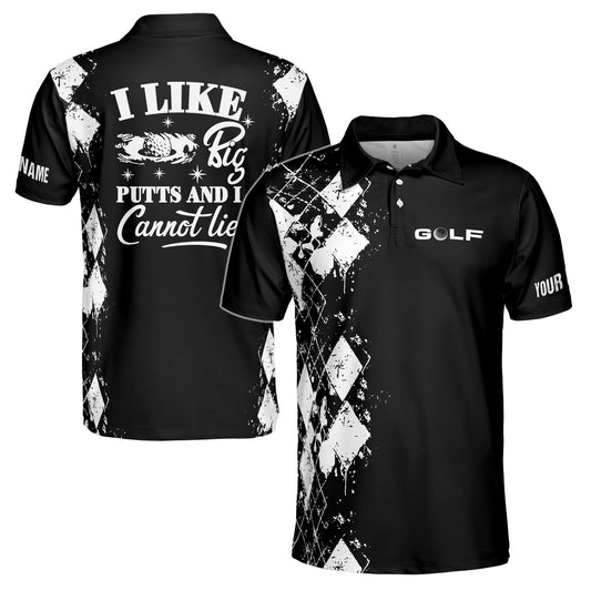 Personalized Men's Golf Shirt Polo - Golf I Like Big Putts Cannot Lie Black Argyle