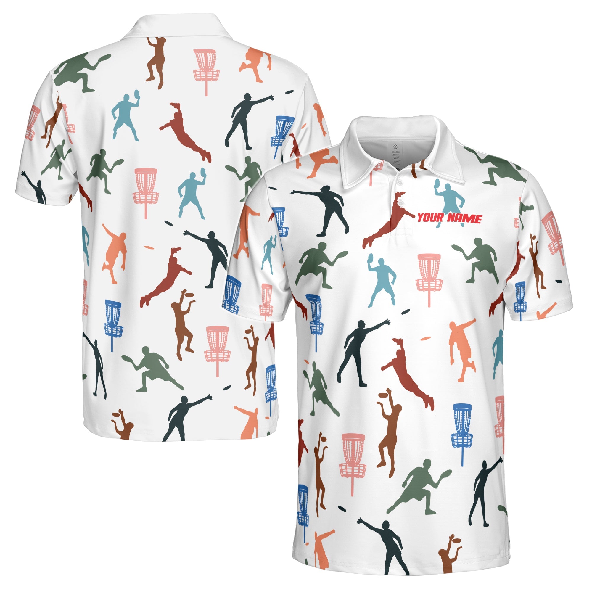 Personalized Men's Golf Shirt Polo - Disc Golf Multi Color Silhouette Pattern