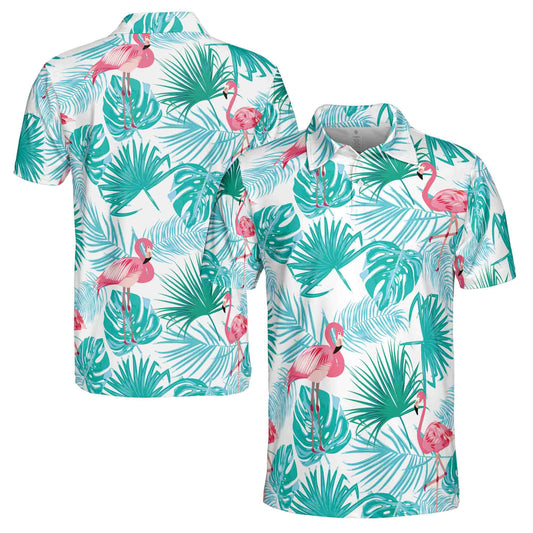 Personalized Men's Golf Shirt Polo - Aloha Tropical Palm Tree Bright Summer Flamingo Golf