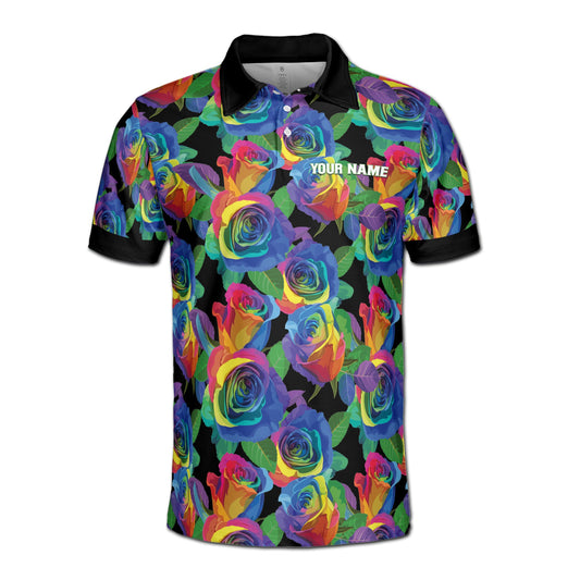 Personalized Men's Polo Shirt - Colorful Rainbow Rose