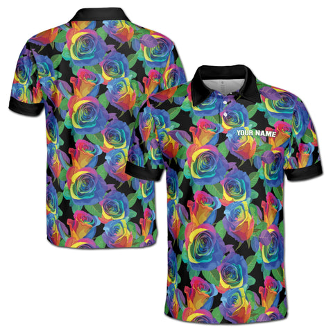 Personalized Men's Polo Shirt - Colorful Rainbow Rose