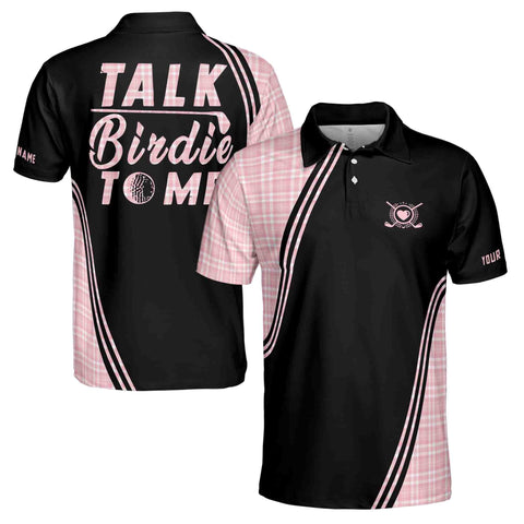Personalized Men's Golf Shirt Polo - Talk Birdie To Me Pink Plaid Golf