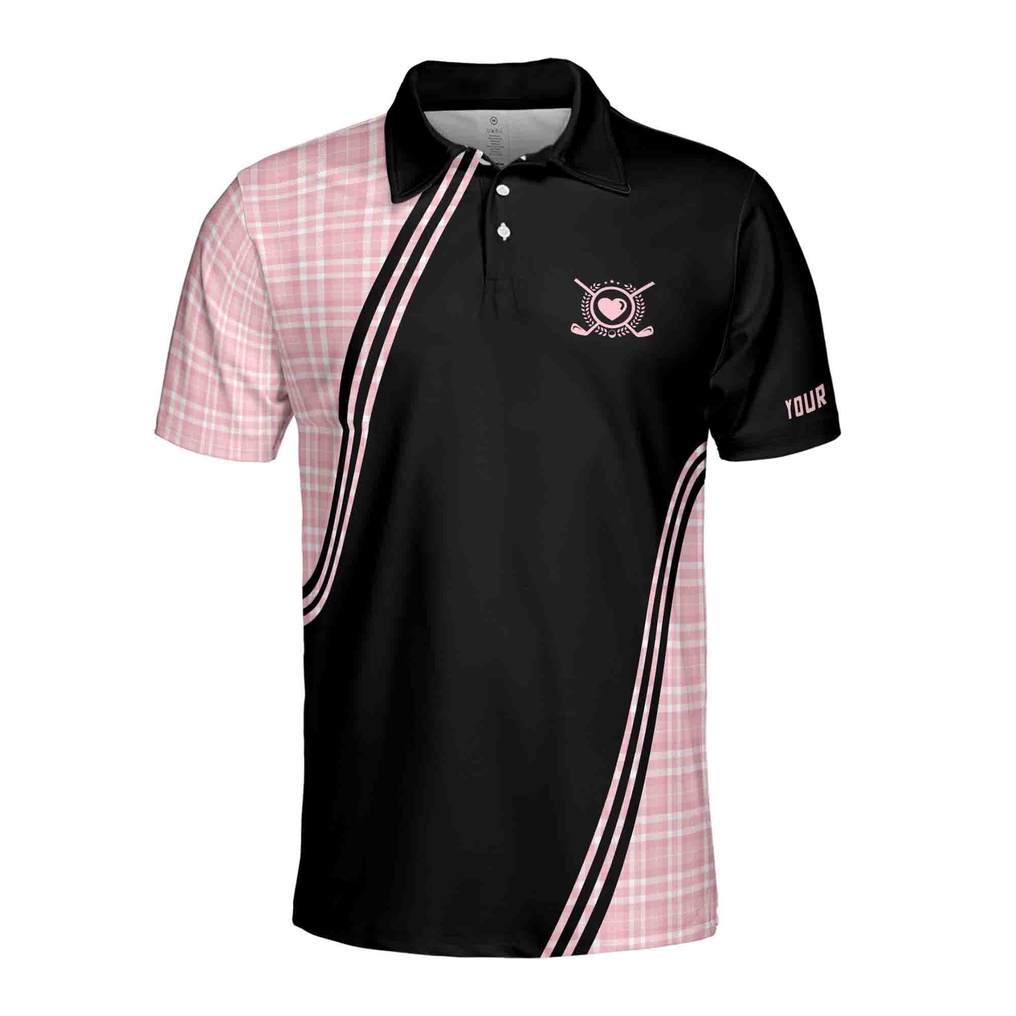 Personalized Men's Golf Shirt Polo - Talk Birdie To Me Pink Plaid Golf