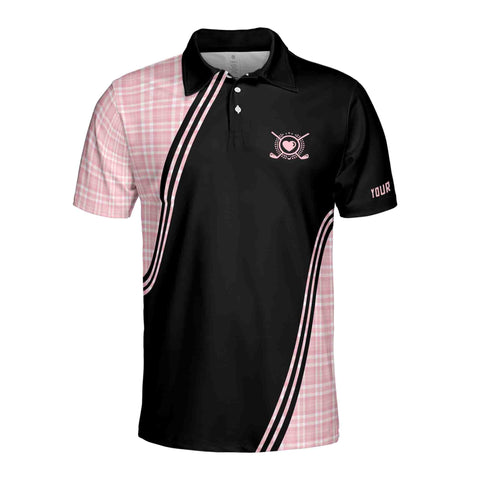 Personalized Men's Golf Shirt Polo - Talk Birdie To Me Pink Plaid Golf