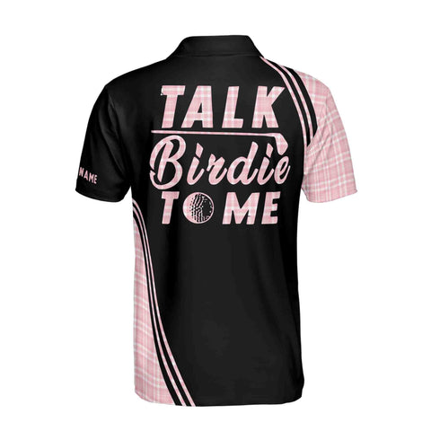 Personalized Men's Golf Shirt Polo - Talk Birdie To Me Pink Plaid Golf
