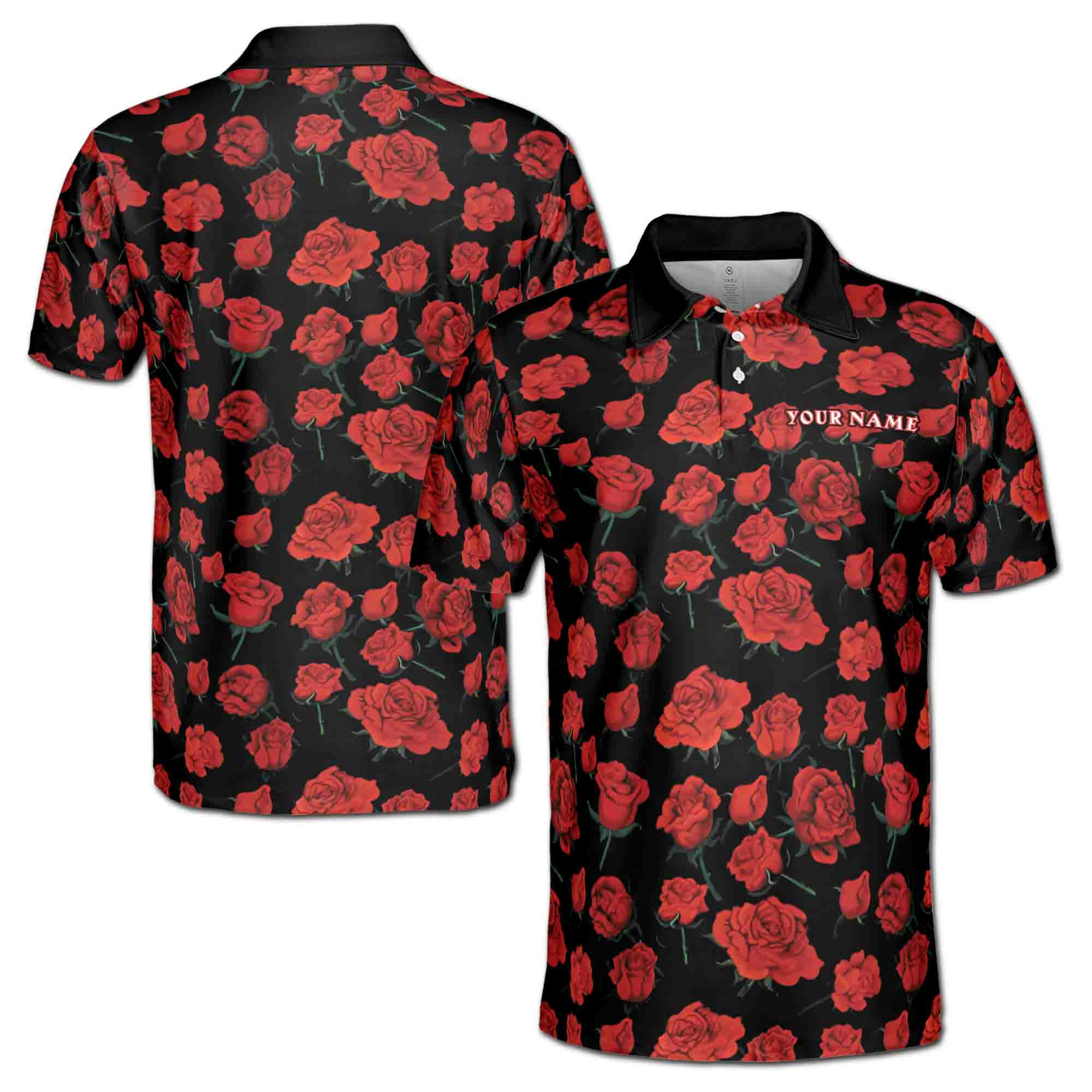 Personalized Men's Golf Shirt Polo - Printed Red Rose Art Pattern Casual Golf
