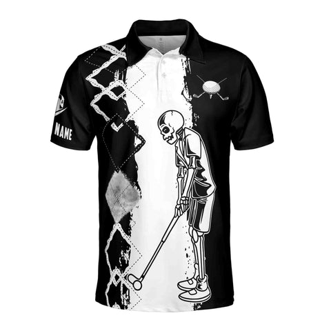 Personalized Men's Golf Shirt Polo - Customize Black And White Skull Golfing