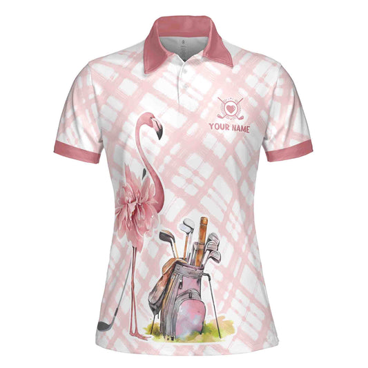 Personalized Women's Golf Shirt Polo - Talk Birdie To Me Flamingo Golf