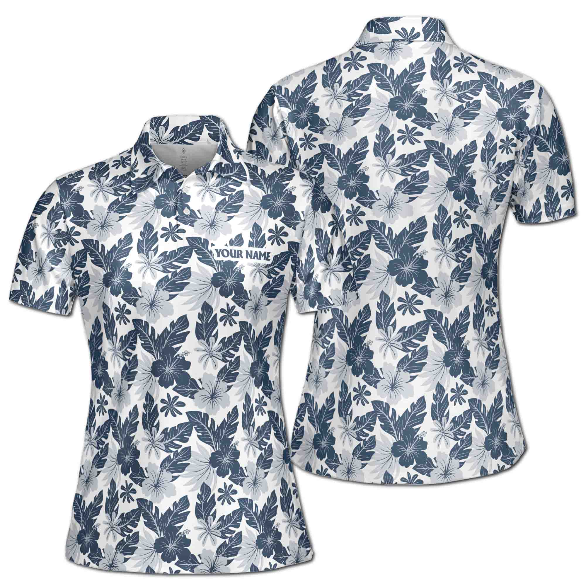 Personalized Women's Golf Shirt Polo - Gray Floral Palm Leaf Golf