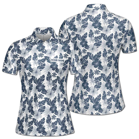 Personalized Women's Golf Shirt Polo - Gray Floral Palm Leaf Golf