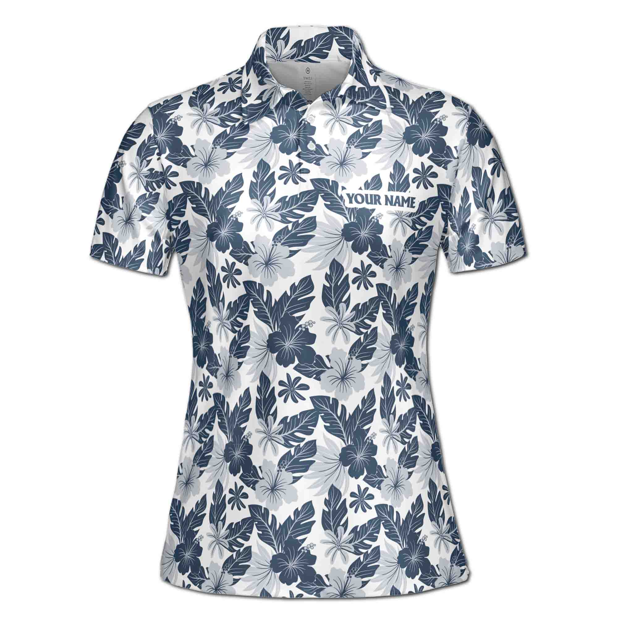 Personalized Women's Golf Shirt Polo - Gray Floral Palm Leaf Golf