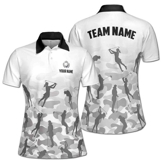 Personalized Women's Golf Shirt Polo - Gray Camo Camouflage Lady Golfer