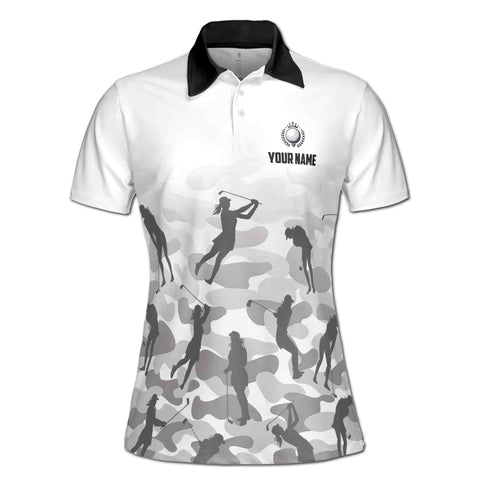 Personalized Women's Golf Shirt Polo - Gray Camo Camouflage Lady Golfer