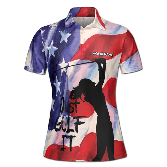 Personalized Women's Golf Shirt Polo - Patriotic Watercolor America Just Golf It