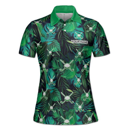 Personalized Women's Golf Shirt Polo - Green Tropical Palm Leaf Golf Lover