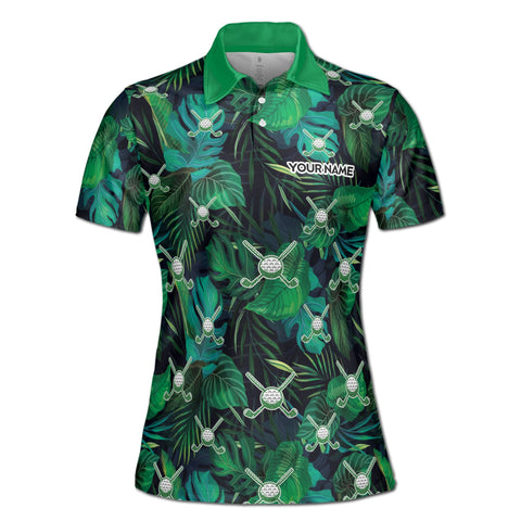 Personalized Women's Golf Shirt Polo - Green Tropical Palm Leaf Golf Lover