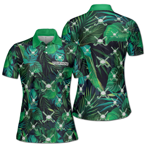 Personalized Women's Golf Shirt Polo - Green Tropical Palm Leaf Golf Lover