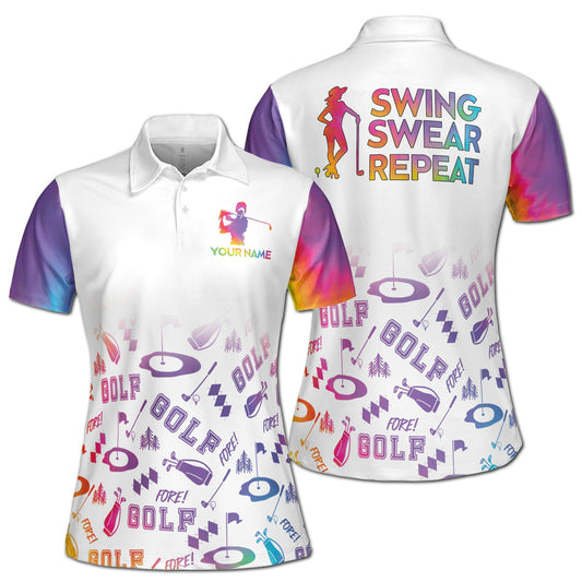 Personalized Women's Golf Shirt Polo - Rainbow Lady Swing, Swear, Repeat Golf