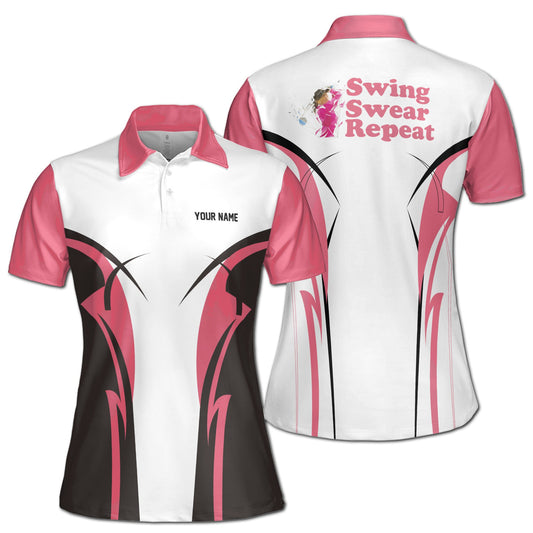 Personalized Women's Golf Shirt Polo - Pink Golf Swing, Swear, Repeat