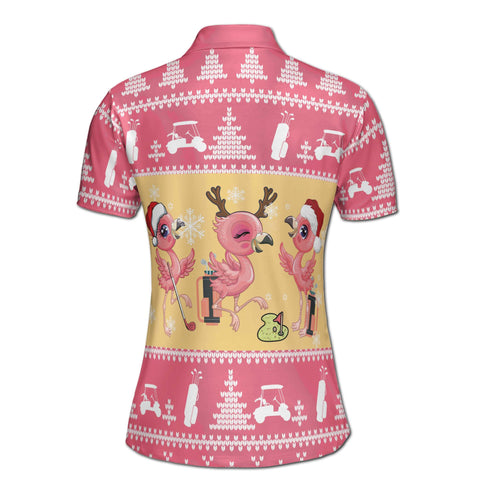Personalized Women's Golf Shirt Polo - Funny Adorable Flamingo Play Golf Happy Chrismast