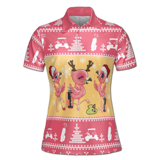 Personalized Women's Golf Shirt Polo - Funny Adorable Flamingo Play Golf Happy Chrismast