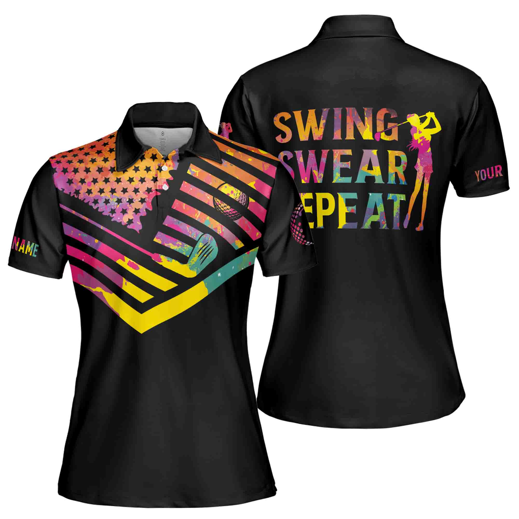 Personalized Women's Golf Shirt Polo - Watercolor American Flag Swing Swear Repeat Golf