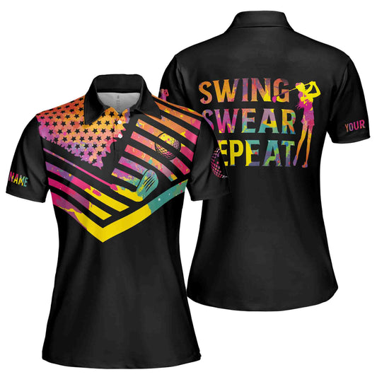 Personalized Women's Golf Shirt Polo - Watercolor American Flag Swing Swear Repeat Golf