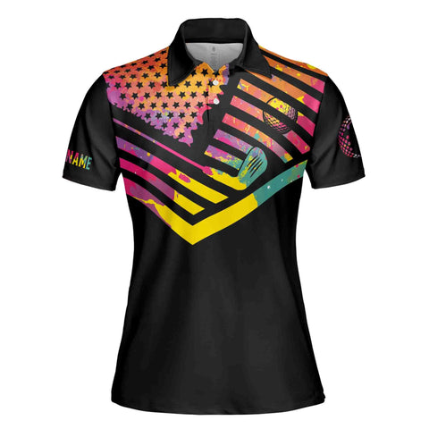 Personalized Women's Golf Shirt Polo - Watercolor American Flag Swing Swear Repeat Golf